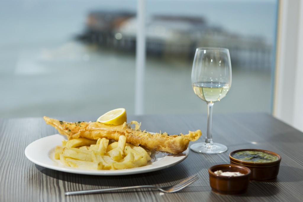 A plate of fish and chips at No1 Cromer in Cromer, Norfolk, England.