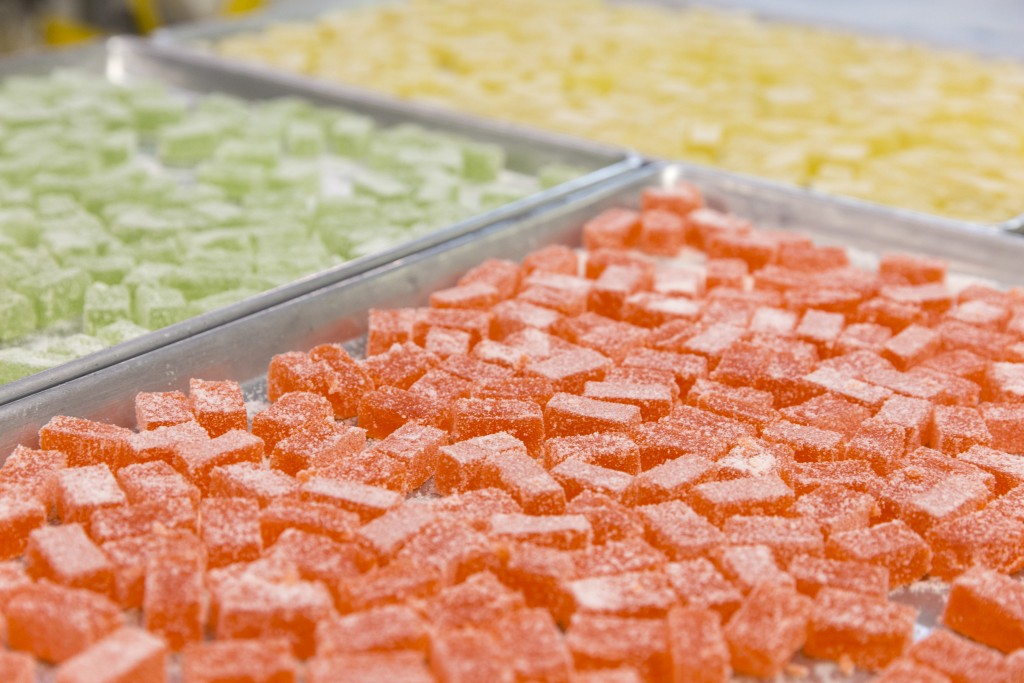 Freshly cut sweets on trays at Davidson of Dundee, a family business specialising in old-fashioned citrus candies, jellies, marmalades and chocolates, Dundee, Florida.